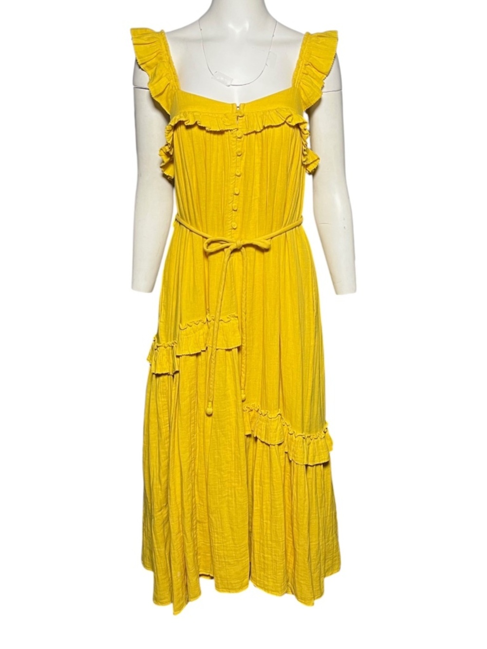 Apiece Apart Lypie Dress Size 0 XS Yellow Gauze Cotton Ruffle Tiered Midi Boho - Picture 2 of 10